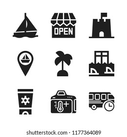 sun icon. 9 sun vector icons set. sun cream, bus and shark cage icons for web and design about sun theme