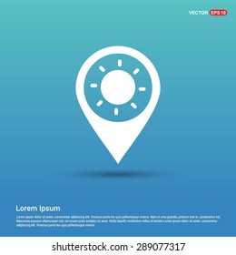 sun icon - abstract logo type icon - white icon in map pin point blue background. Vector illustration