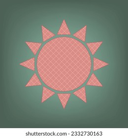 Sun Icon. Apricot Icon with Brick Red parquet floor graphic pattern on a Ebony background. Feldgrau. Green. Illustration.
