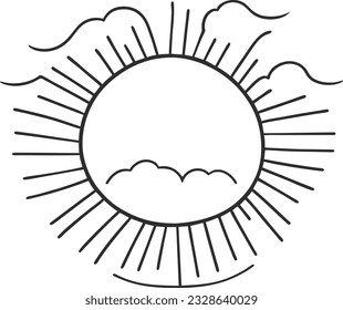 Sun icon black line drawing or doodle logo sunlight sign symbol weather clouds element cartoon style vector illustration
