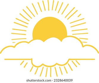 Sun icon black line drawing or doodle logo sunlight sign symbol weather clouds element cartoon style vector illustration