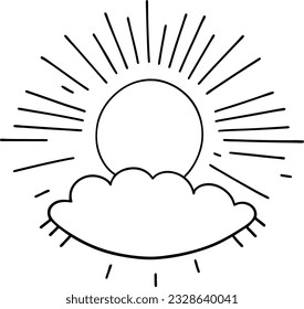 Sun icon black line drawing or doodle logo sunlight sign symbol weather clouds element cartoon style vector illustration
