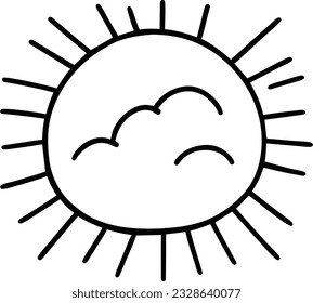 Sun icon black line drawing or doodle logo sunlight sign symbol weather clouds element cartoon style vector illustration