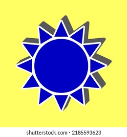 Icono de Sol. Icono azul con trazo blanco en 3d en fondo amarillo. Ilustración.