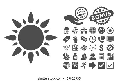 Sun icon with bonus pictures. Vector illustration style is flat iconic symbols, gray color, white background.