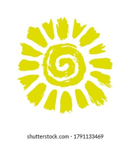Sun icon. Bright cute drawing. Colored silhouette. Vector flat graphic hand drawn illustration. The isolated object on a white background. Isolate.