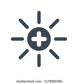 Sun icon, brightness, electric, light concept icon with add sign. Sun icon and new, plus, positive symbol