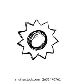 Sun icon in cartoon style with shiny yellow rays and bright sunlight showing solar energy concept for warm weather illustration in flat summer vector with sunrise shape and cute morning symbol

