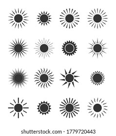 Sun icon. Circles with sunlights. Silhouettes for sunrise or sunset. Set of black logos for art, cartoon and meteorology. Symbol of nature, burst, summer and hot. Graphic shapes for label. Vector.