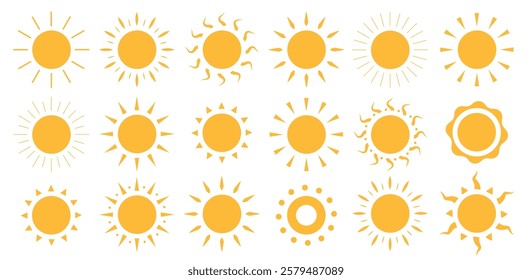 Sun icon clipart set. Yellow sun logo and symbol collection clip art vector illustration simple elements with variety of sunrays  in flat graphic summer design.
