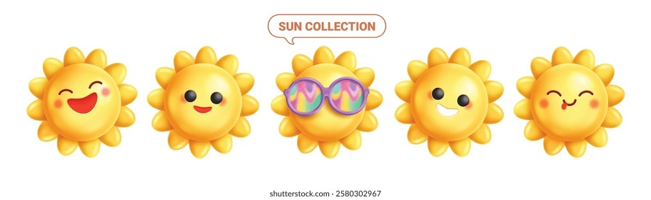 Sun icon clipart set. Yellow sun emoticon clip art in cute and happy facial expressions summer holiday collection graphic design vector illustration.
