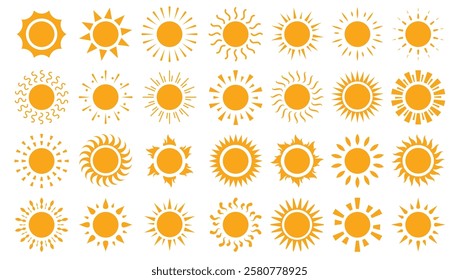 Sun icon clipart set. Yellow sun clip art symbol and logo collection in flat graphic summer design vector illustration simple elements with variety of sunrays.
