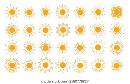 Sun icon clipart set. Yellow sun clip art and logo flat symbol summer collection with variety of sunrays vector illustration in white background.