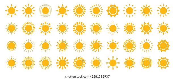 Sun icon clipart set. Yellow sun clip art logo and symbol collection in flat graphic summer elements vector illustration tropical sunny with variety of sunrays.
