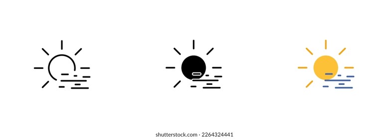 Sun icon with clouds. Weather forecast, meteorological data monitoring. Vector set of icons in line, black and colorful styles isolated on white background.