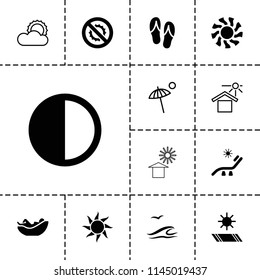Sun icon. collection of 13 sun filled and outline icons such as brightness, flip flops, sea and gull, umbrella, woman in hammock. editable sun icons for web and mobile.