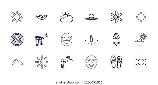 Sun icon. collection of 18 sun outline icons such as woman in hammock, hat, no brightness, man, solar panel, flip flops, swimsuit. editable sun icons for web and mobile.