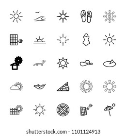 Sun icon. collection of 25 sun outline icons such as sun, woman in hammock, no brightness, star, solar panel, umbrella, flip flops. editable sun icons for web and mobile.