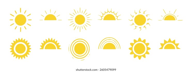 Sun icon collection featuring sunshine, sunrise, sunbeam, and summer heat. Vector symbols for weather, nature, UV protection, and seasonal design elements