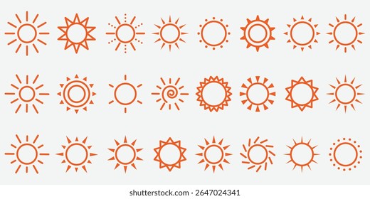 Sun icon collection. Orange sun icons. Sun rays icon, shine and burst. Summer sun line icon, bright for sunny UI designs. Hot summer weather, brightness symbol. Vector illustration