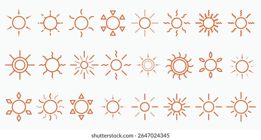 Sun icon collection. Orange sun icons. Sun rays icon, shine and burst. Summer sun line icon, bright for sunny UI designs. Hot summer weather, brightness symbol. Vector illustration