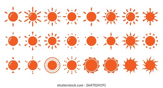 Sun icon collection. Orange yellow sun icons. Sun rays icon, shine and burst. Summer sun icon, bright for sunny UI designs. Hot summer weather, brightness symbol. Vector illustration