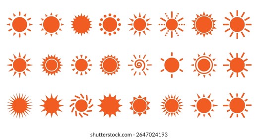 Sun icon collection. Orange yellow sun icons. Sun rays icon, shine and burst. Summer sun icon, bright for sunny UI designs. Hot summer weather, brightness symbol. Vector illustration