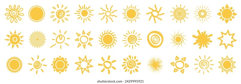 Sun icon collection. Set of abstract sun icons in hand drawing style. Sun sign collection. Sun icons set