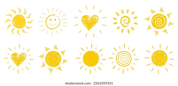 Sun icon collection summer doodle chalk charcoal pencil pastel drawing sunbeam nubes smile holiday sunshine happy sunny sunrise sunsethot solar