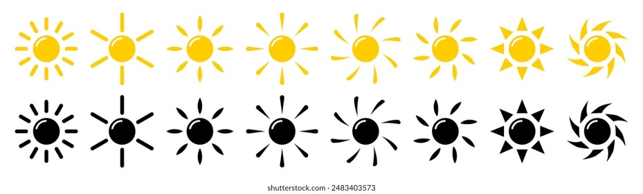 Sun icon collection, Summer icon,Yellow and Black Sun Icons. Vector