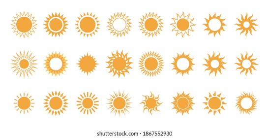 Sun icon Collection. Yellow sun star icons collection. Summer, sunlight, nature, sky. Vector illustration isolated on white background.