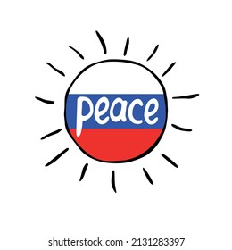 Sun icon in the colors of the Russian flag. Vector hand drawn illustration, clip art, symbol of peace, pacifism, happiness isolated on white background