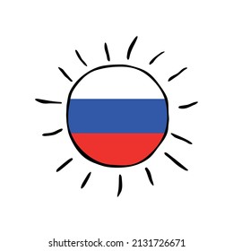 Sun icon in the colors of the Russian flag. Vector hand drawn illustration, clip art, symbol of peace, pacifism, happiness isolated on white background