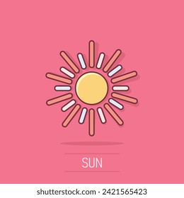 Sun icon in comic style. Sunlight cartoon sign vector illustration on white isolated background. Daylight splash effect business concept.