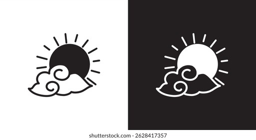 Sun icon covered by clouds. Flat icon of sun and clouds with depicting cloudy day weather. Cloud vector illustration icon in transparent and black background.