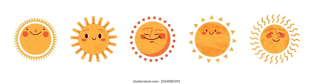 Sun icon, cute sunshine with a happy smile. Summer doodle character, sunny face for kids, hand drawn emoji, and cheerful morning sketch. Flat vector illustrations isolated in background.