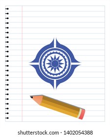 sun icon drawn with pen strokes. Blue ink. Vector Illustration. Detailed.