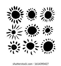 Sun icon element vector collection. Hand drawn black brush strokes, circles and rays. Loose black shapes isolated on white background. Ink pen drawing illustration. Sunlights painted with brush.