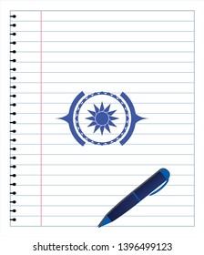 sun icon emblem draw with pen effect. Blue ink. Vector Illustration. Detailed.