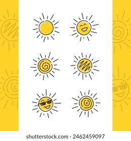 Sun Icon Emoticon Hand Drawn Monoline Vector Illustrations is logo design in monoline style about collection of unique and cute sun illustrations for emoticons and yellow.