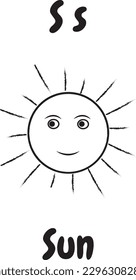 Sun icon with English alphabet S letter.For worksheets and coloring pages.