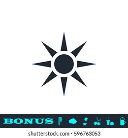 Sun icon flat. Black pictogram on white background. Vector illustration symbol and bonus button