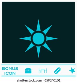 Sun icon flat. Blue pictogram on dark background. Vector illustration symbol and bonus icons