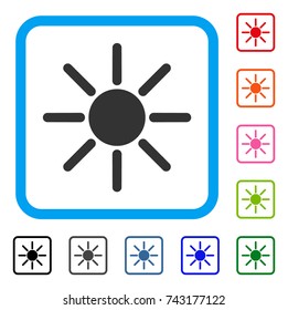 Sun icon. Flat gray iconic symbol in a light blue rounded frame. Black, gray, green, blue, red, orange color variants of Sun vector. Designed for web and software interfaces.