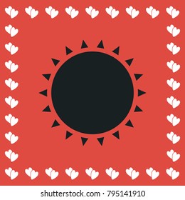 Sun icon flat. Simple black pictogram on red background with white hearts for valentines day. Vector illustration symbol