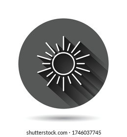 Sun icon in flat style. Sunlight sign vector illustration on black round background with long shadow effect. Daylight circle button business concept.