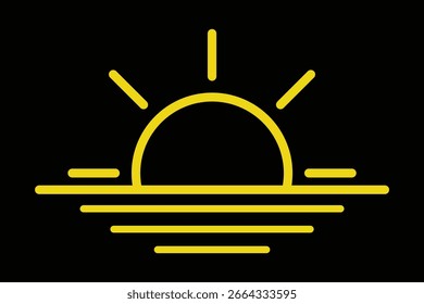 Icono de sol en estilo plano. Signo de luz solar. Sol, luna, puesta de sol icono. Colección de iconos de estrella de sol amarillo. Verano, luz del sol, naturaleza, cielo. Brillar el rayo de sol puesto. Icono de la puesta del sol colección. Línea plana art. Eps 10. 