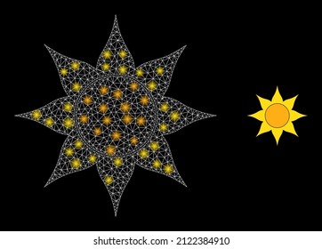 Sun icon and glare network sun model with illuminated spots. Illuminated model created using sun vector icon and triangle mesh. Illuminated frame sun, on a black background.