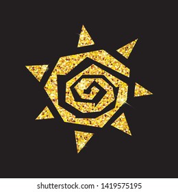 Sun icon with glitter texture on black background. Shiny glowing design. Vector symbol of sun with sparkles as logo, logotype, greeting card, poster, banner, postcard, certificate, gift, print. EPS 10