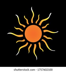 Sun Icon for Graphic Design. Vector summer label. Summer logo icon. Sunny design element. Black Background design for banner, poster, flyer, cover, brochure. Sunrise and sunset. Bright nature yellow